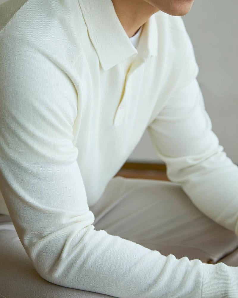 Men's Plain Long-Sleeve Polo With Three-Button Neck - White