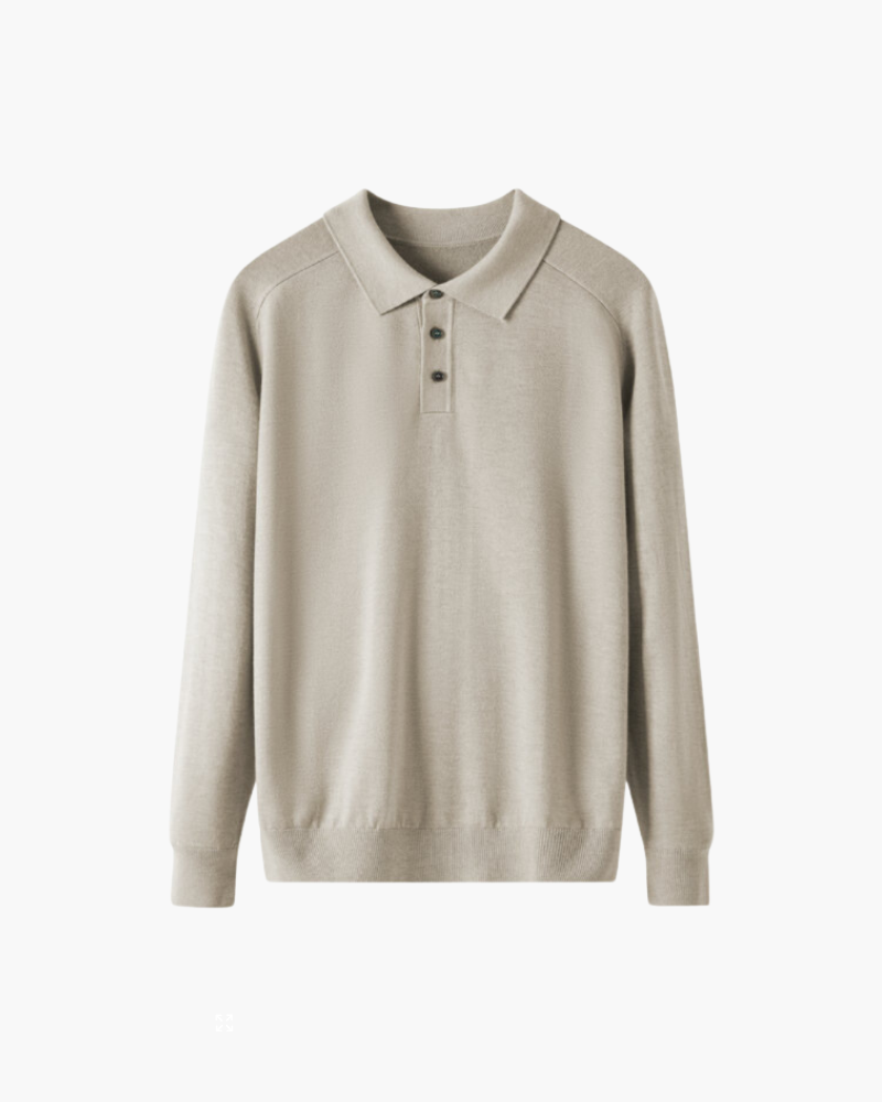 Men's Plain Long-Sleeve Polo With Three-Button Neck - Beige