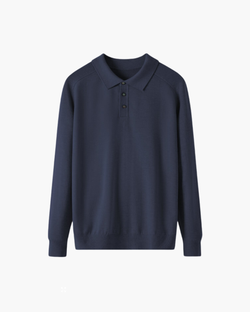 Men's Plain Long-Sleeve Polo With Three-Button Neck - Navy