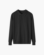 Men's Plain Long-Sleeve Polo With Three-Button Neck - Black