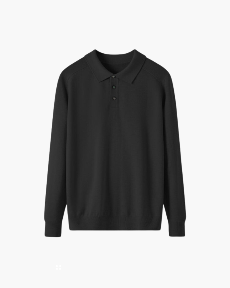 Men's Plain Long-Sleeve Polo With Three-Button Neck - Black