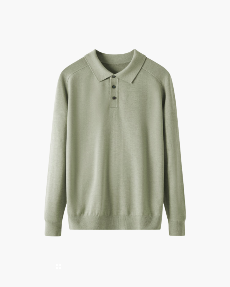 Men's Plain Long-Sleeve Polo With Three-Button Neck - Green