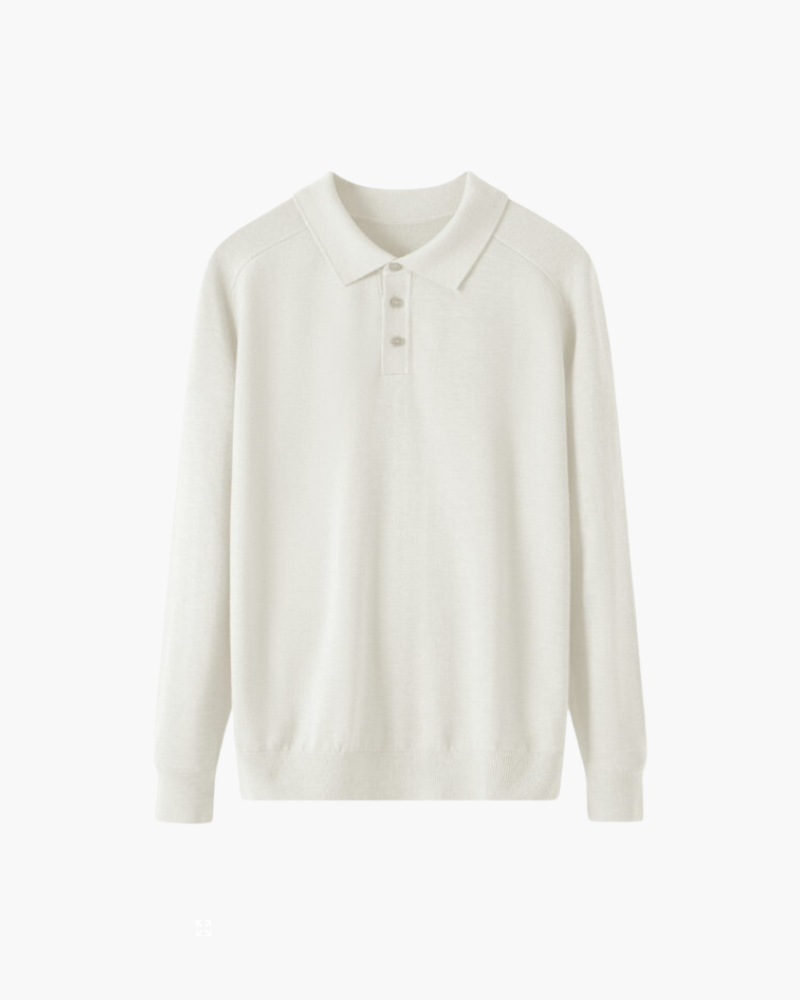 Men's Plain Long-Sleeve Polo With Three-Button Neck - White