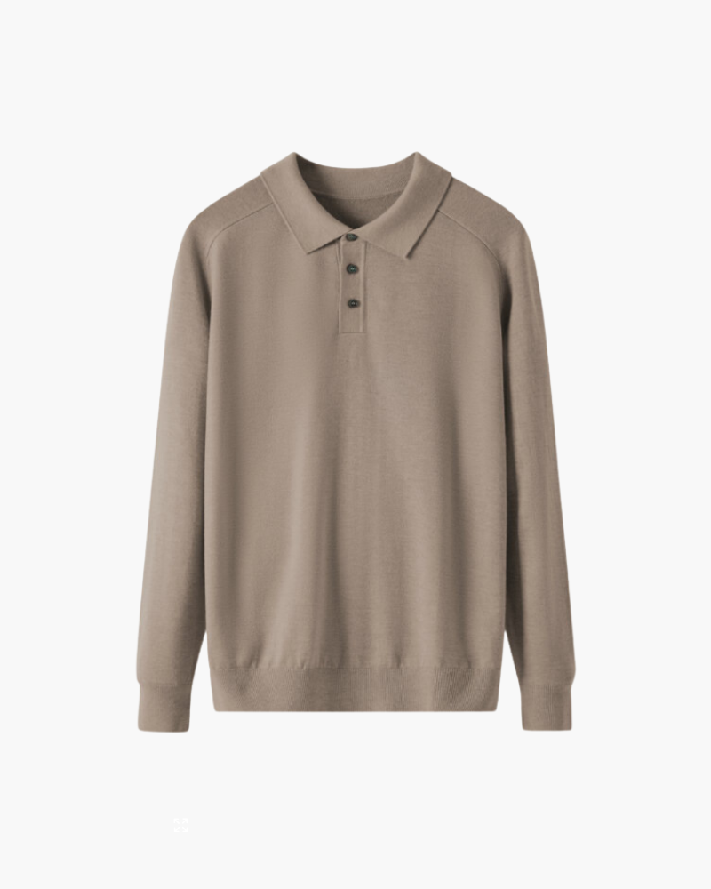 Men's Plain Long-Sleeve Polo With Three-Button Neck - Brown