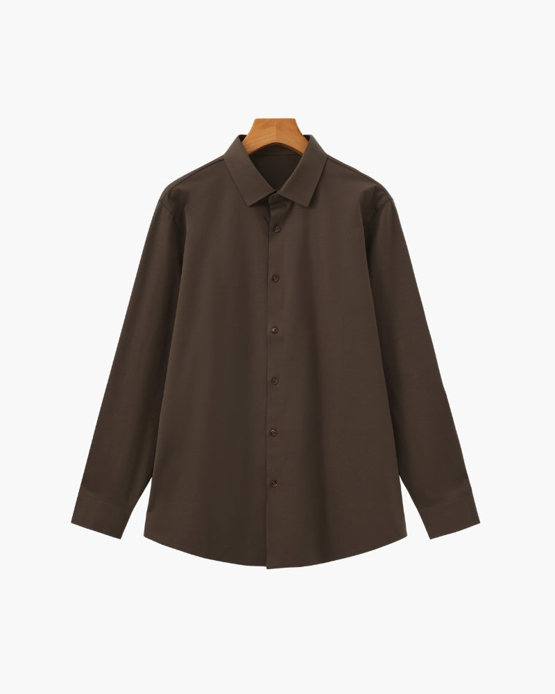 Men's Plain Long-Sleeve Shirt With Pointed Collar - Dark Brown
