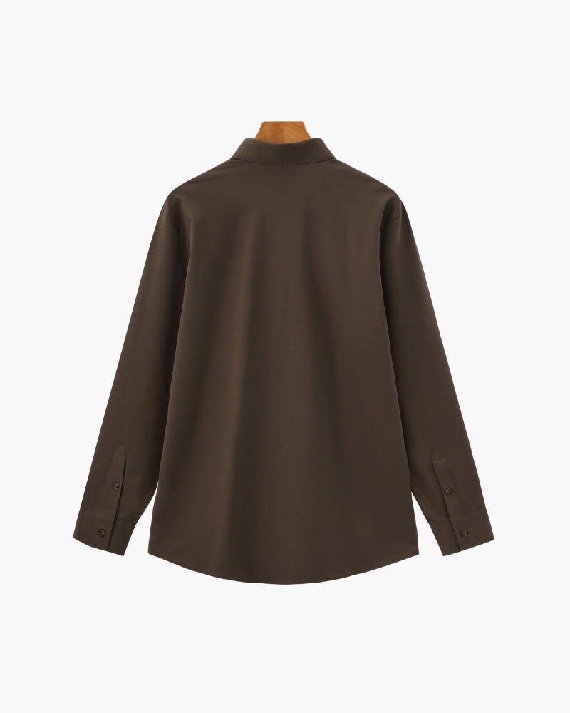 Men's Plain Long-Sleeve Shirt With Pointed Collar - Dark Brown