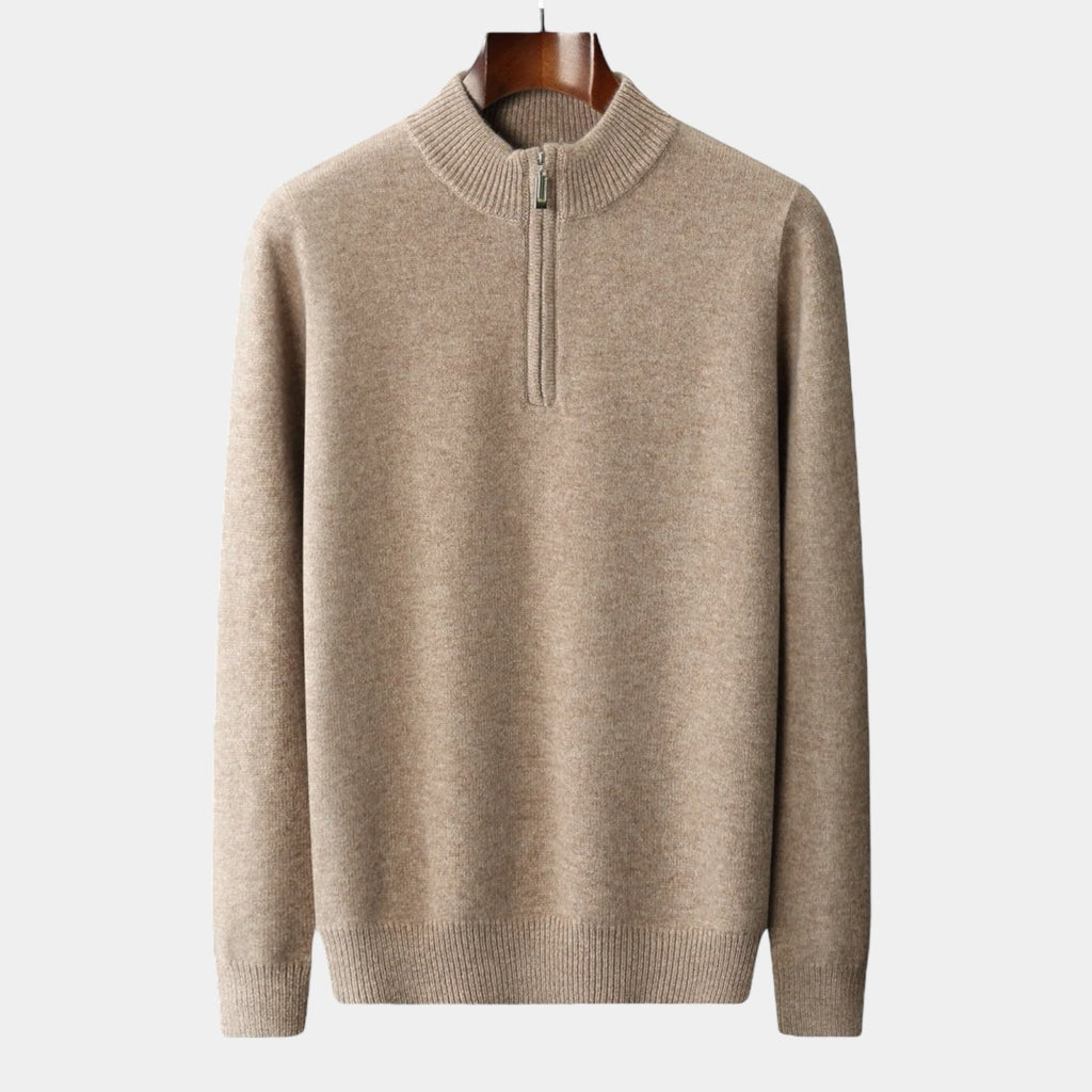 Men's Plain Quarter-Zip Jumper With Ribbed Stand Neck - Beige