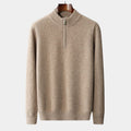Men's Plain Quarter-Zip Jumper With Ribbed Stand Neck - Beige