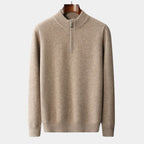 Men's Plain Quarter-Zip Jumper With Ribbed Stand Neck - Beige