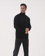 Men's Plain Roll-Neck Jumper With Fine Ribbed Edges - Black