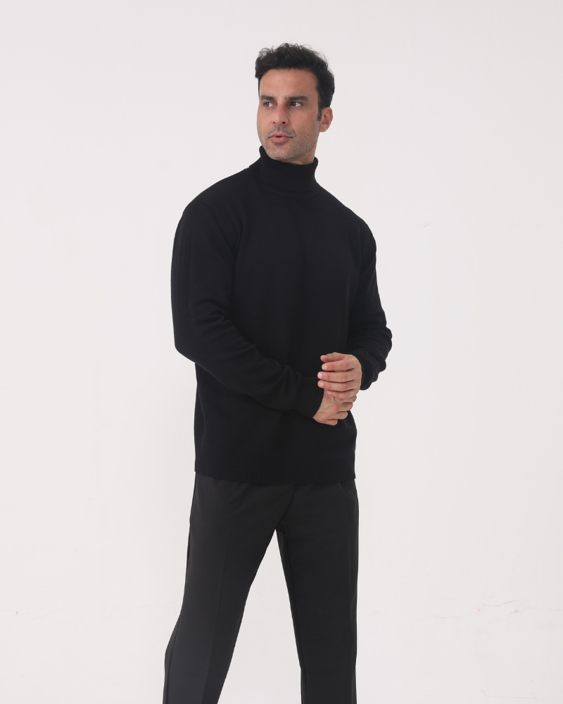 Men's Plain Roll-Neck Jumper With Fine Ribbed Edges - Black