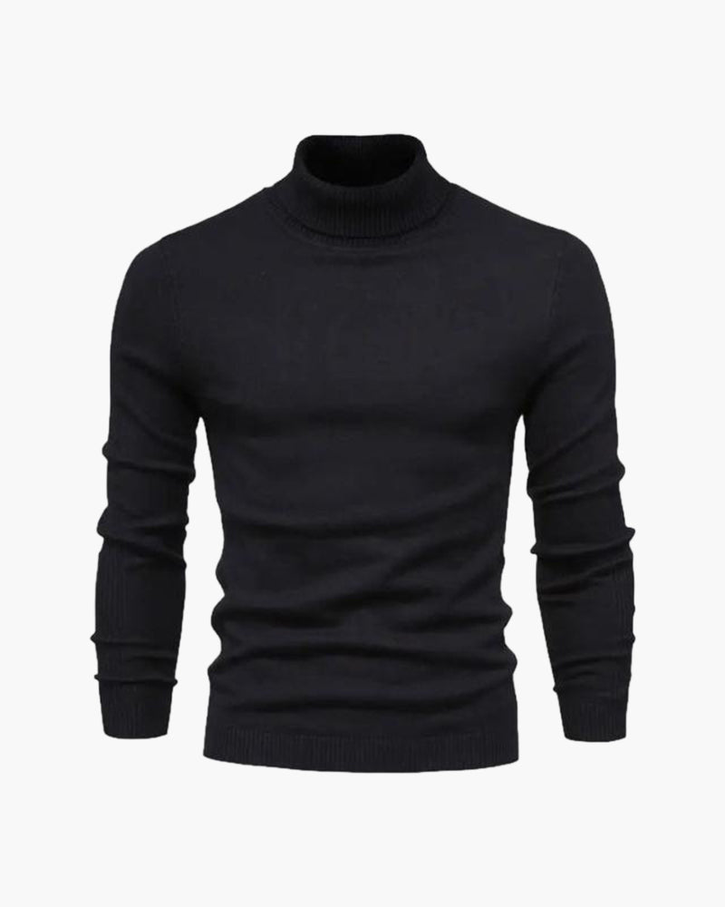 Men's Plain Roll-Neck Jumper With Fine Ribbed Edges - Black