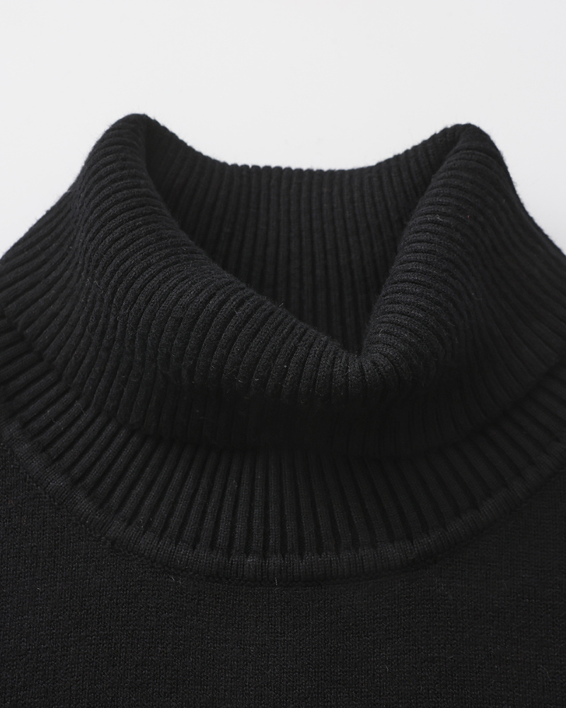 Men's Plain Roll-Neck Jumper With Fine Ribbed Edges - Black