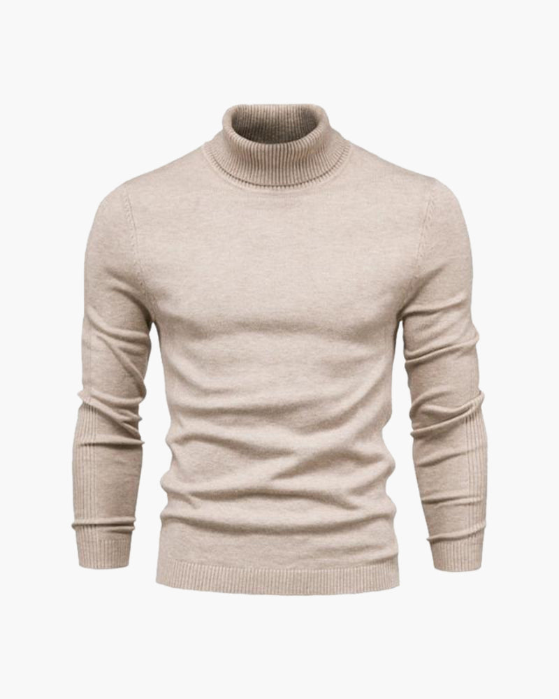 Men's Plain Roll-Neck Jumper With Fine Ribbed Edges - Beige