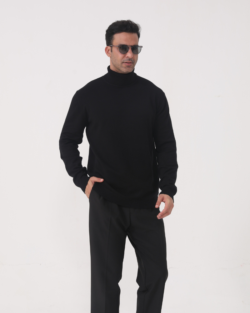 Men's Plain Roll-Neck Jumper With Fine Ribbed Edges - Black