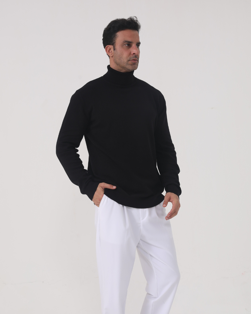 Men's Plain Roll-Neck Jumper With Fine Ribbed Edges - Black