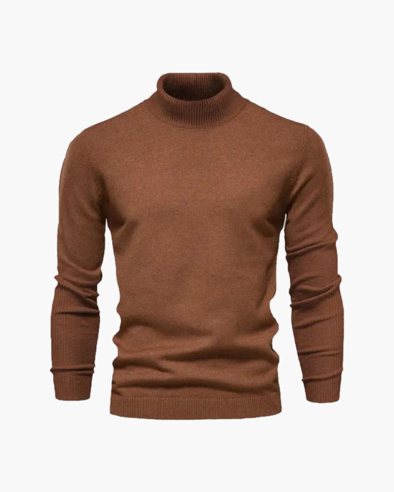 Men's Plain Roll-Neck Jumper With Fine Ribbed Edges - Brown