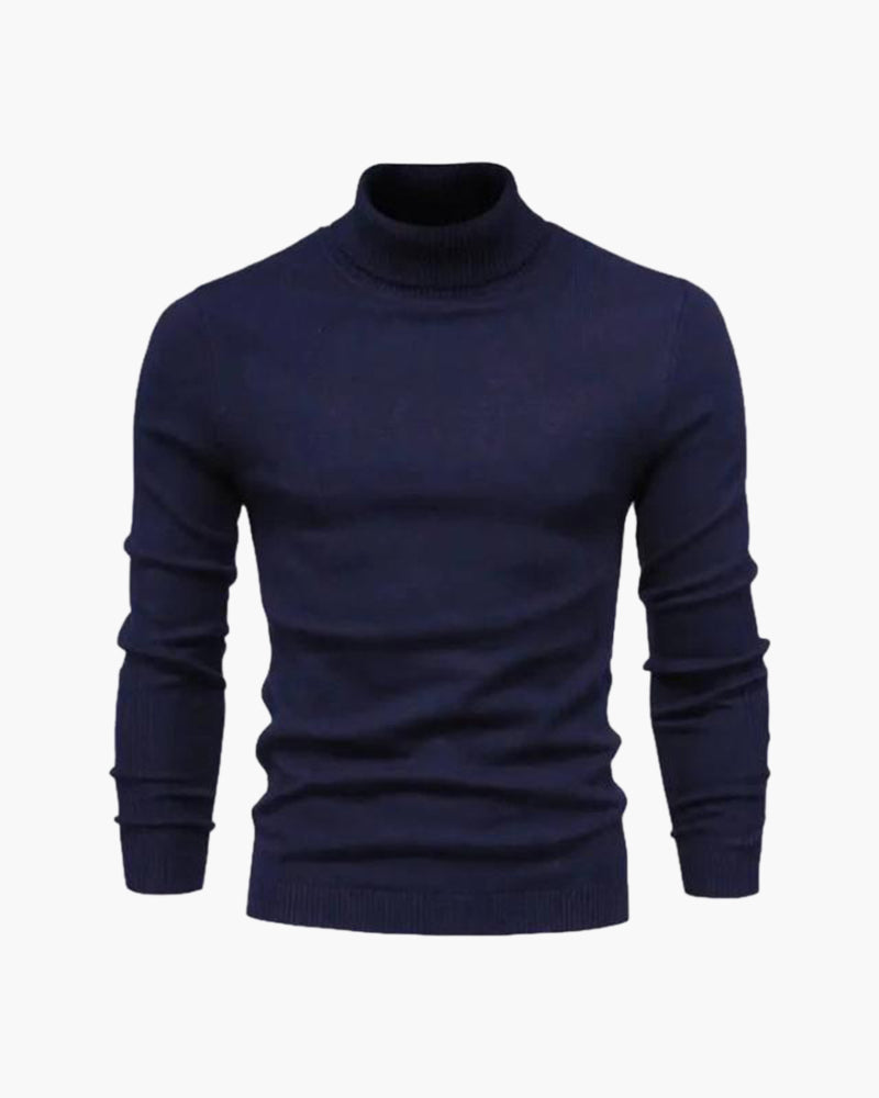 Men's Plain Roll-Neck Jumper With Fine Ribbed Edges - Navy