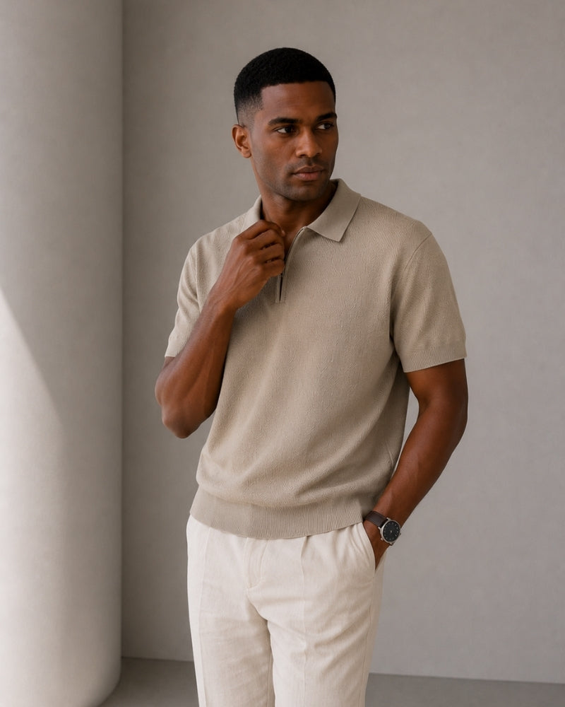 Men's Plain Short-Sleeved Polo Shirt With Zip Neck - Beige