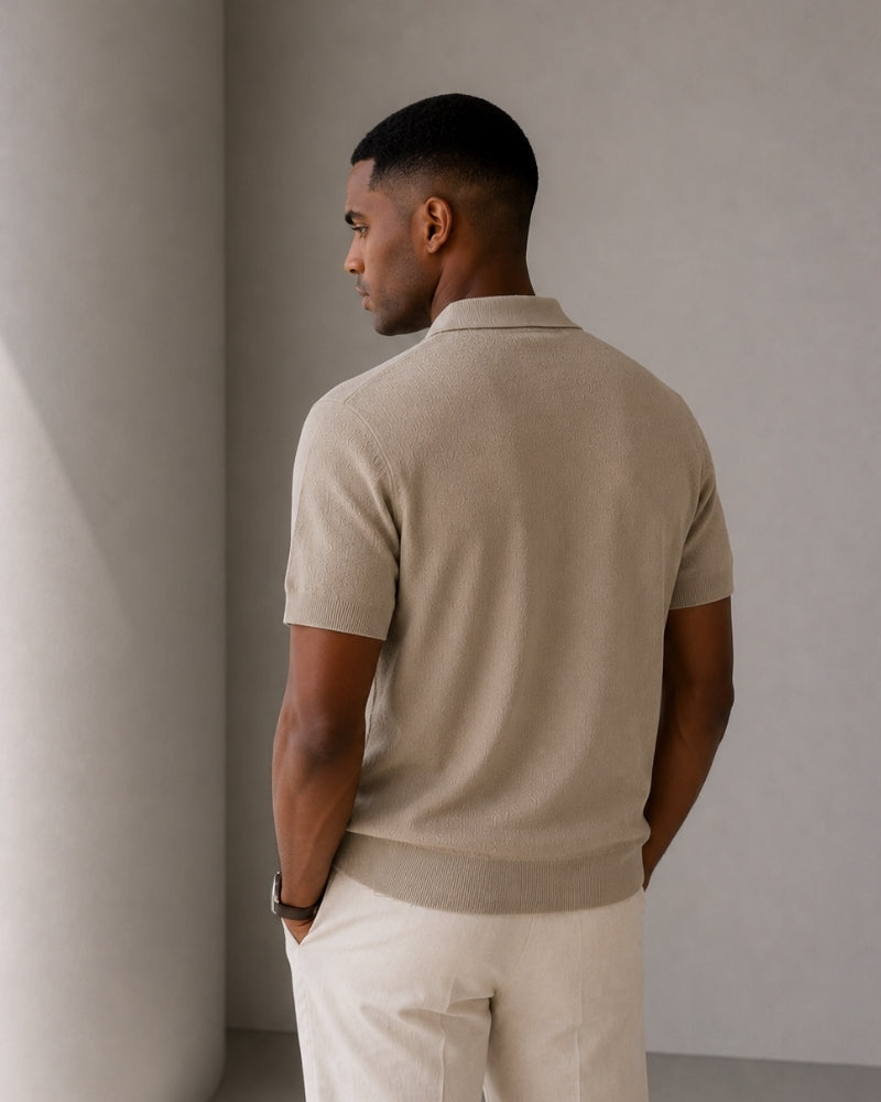 Men's Plain Short-Sleeved Polo Shirt With Zip Neck - Beige