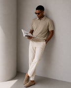 Men's Plain Short-Sleeved Polo Shirt With Zip Neck - Beige