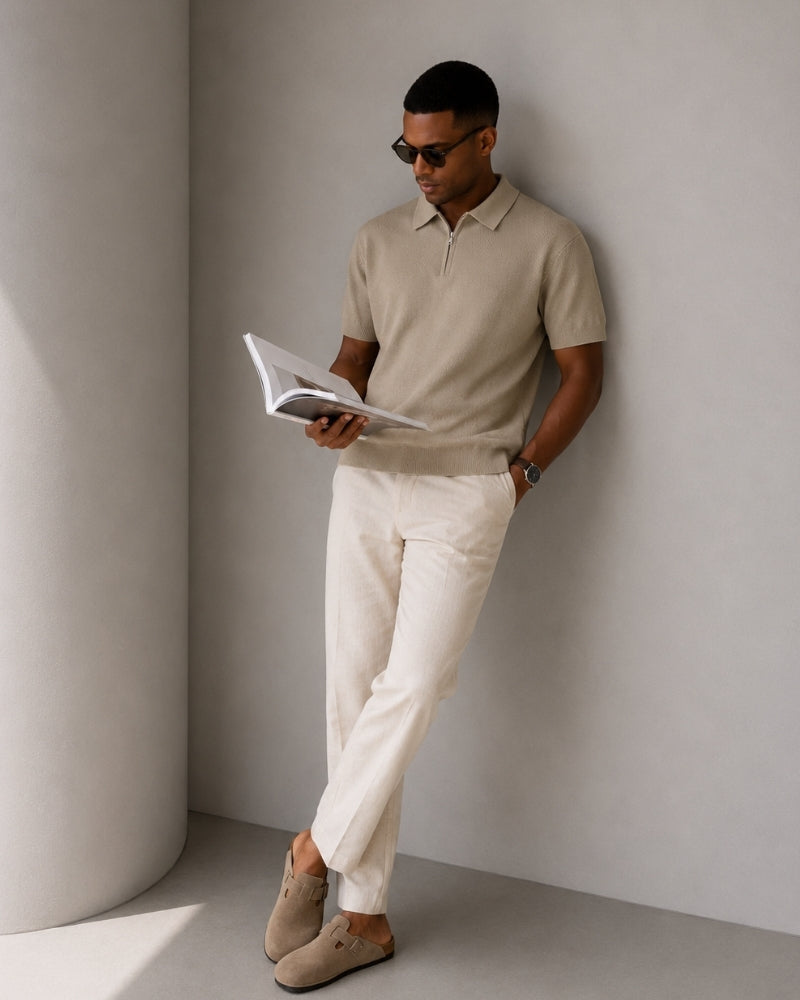 Men's Plain Short-Sleeved Polo Shirt With Zip Neck - Beige