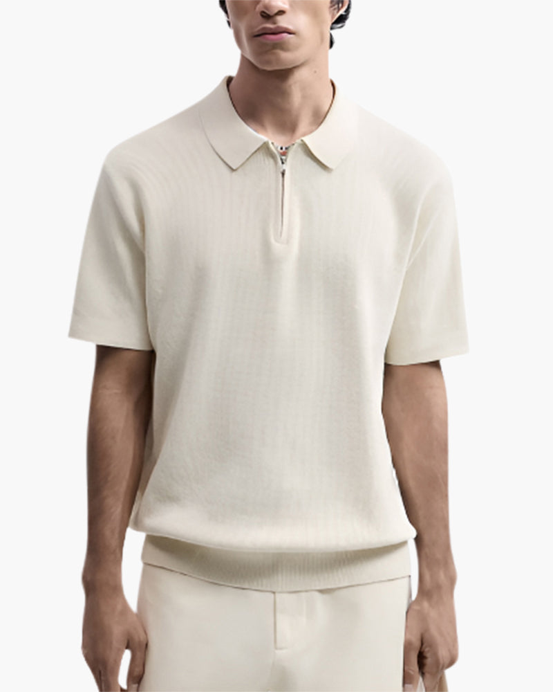 Men's Plain Short-Sleeved Polo Shirt With Zip Neck - Beige