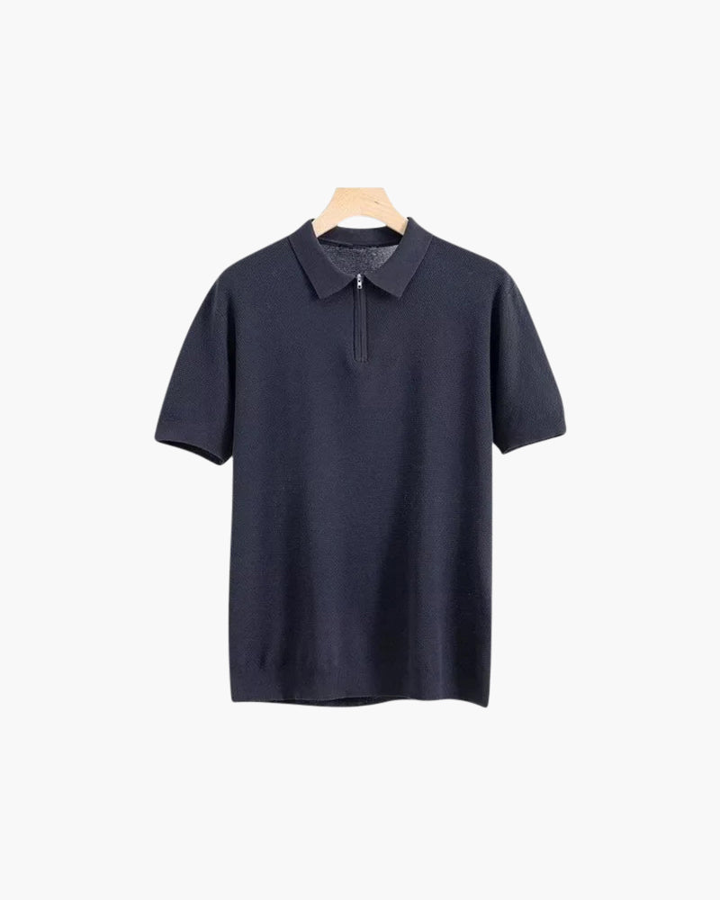 Men's Plain Short-Sleeved Polo Shirt With Zip Neck - Navy Blue