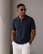 Men's Plain Short-Sleeved Polo Shirt With Zip Neck - Navy Blue