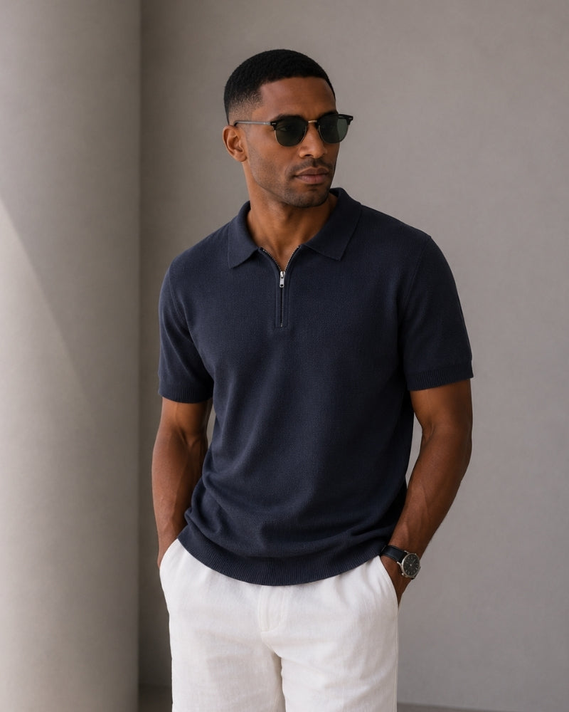 Men's Plain Short-Sleeved Polo Shirt With Zip Neck - Navy Blue