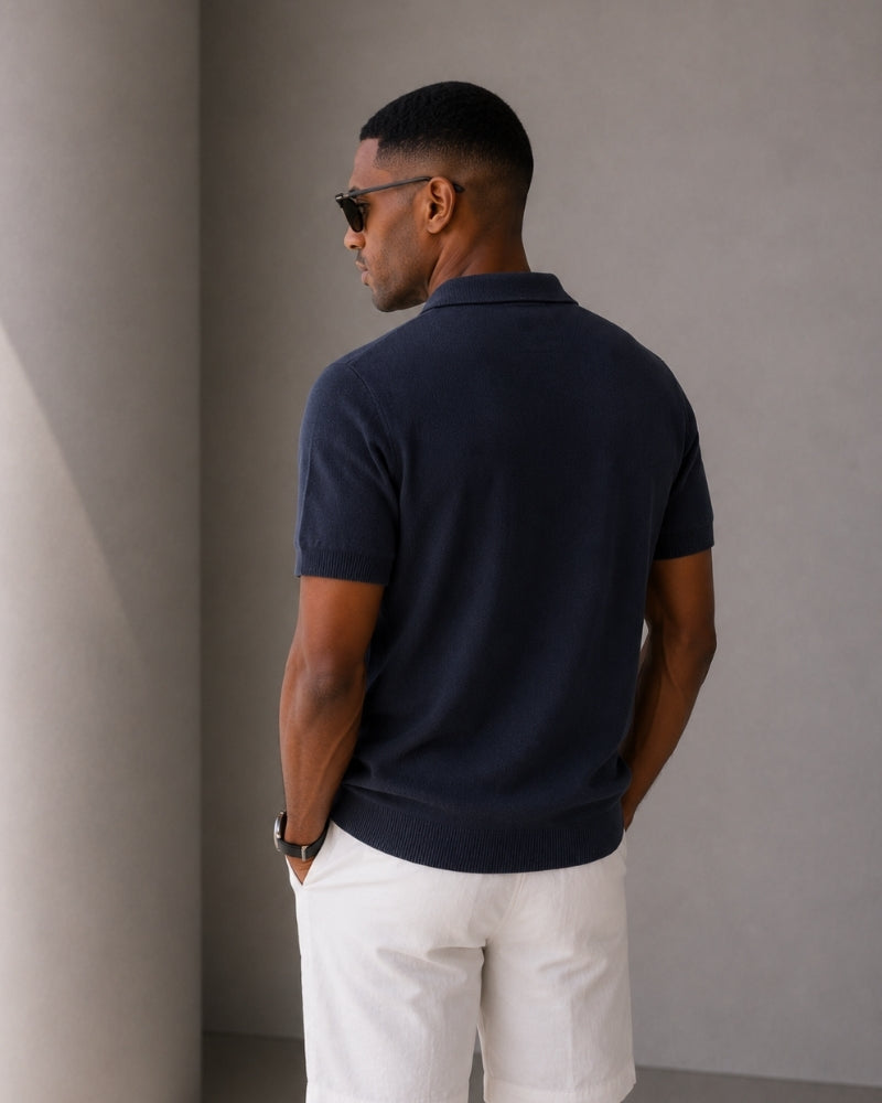 Men's Plain Short-Sleeved Polo Shirt With Zip Neck - Navy Blue