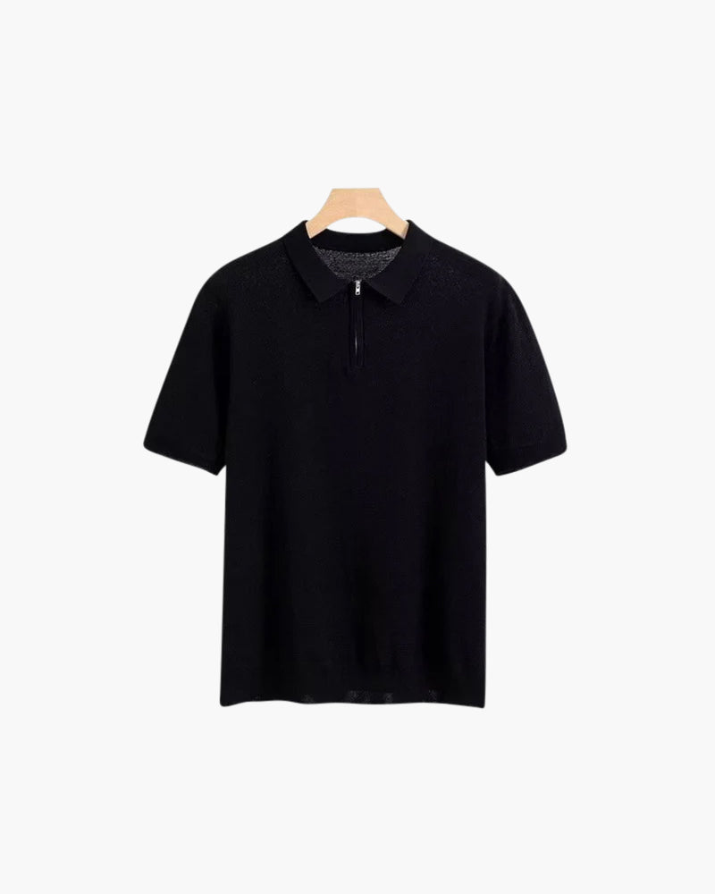 Men's Plain Short-Sleeved Polo Shirt With Zip Neck - Black