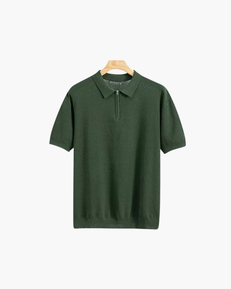 Men's Plain Short-Sleeved Polo Shirt With Zip Neck - Dark Green