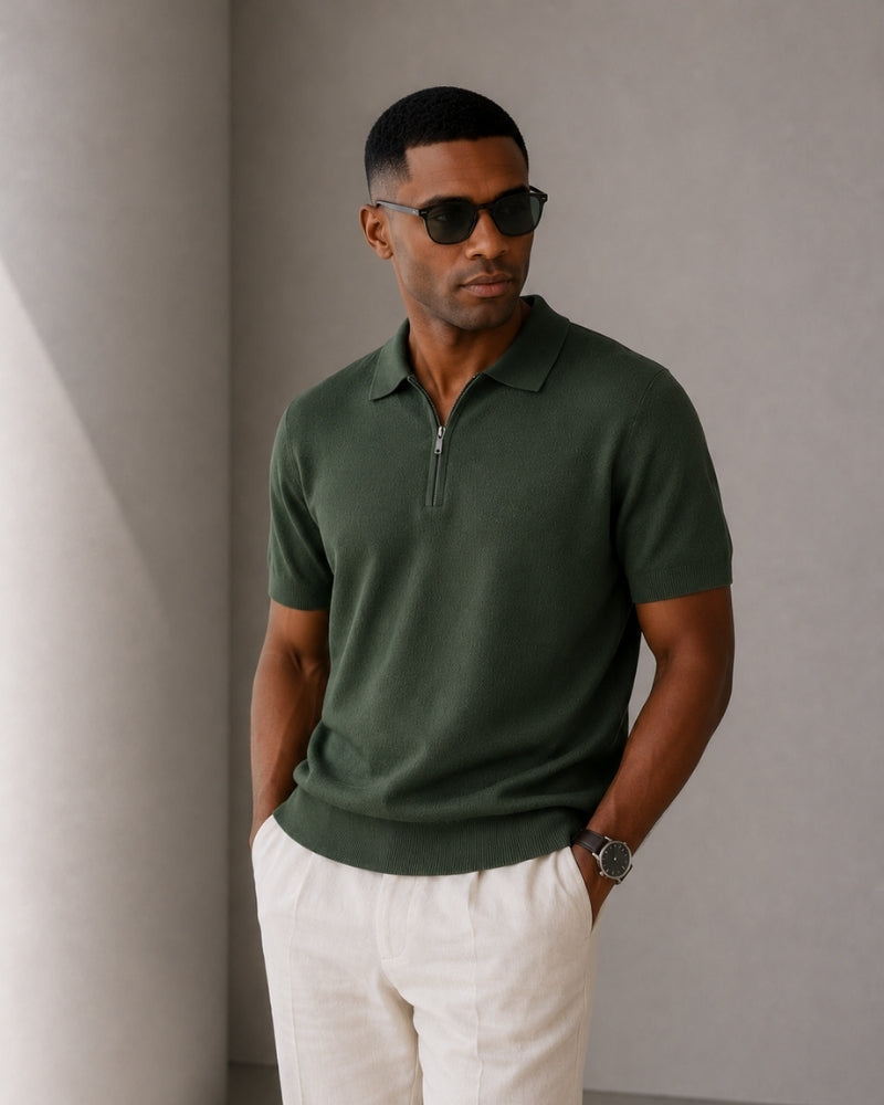Men's Plain Short-Sleeved Polo Shirt With Zip Neck - Dark Green