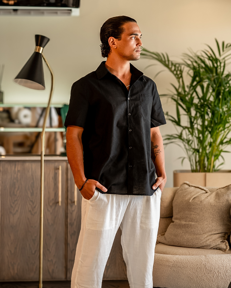 Men's Plain Short-Sleeved Shirt With Full Button Front - Black