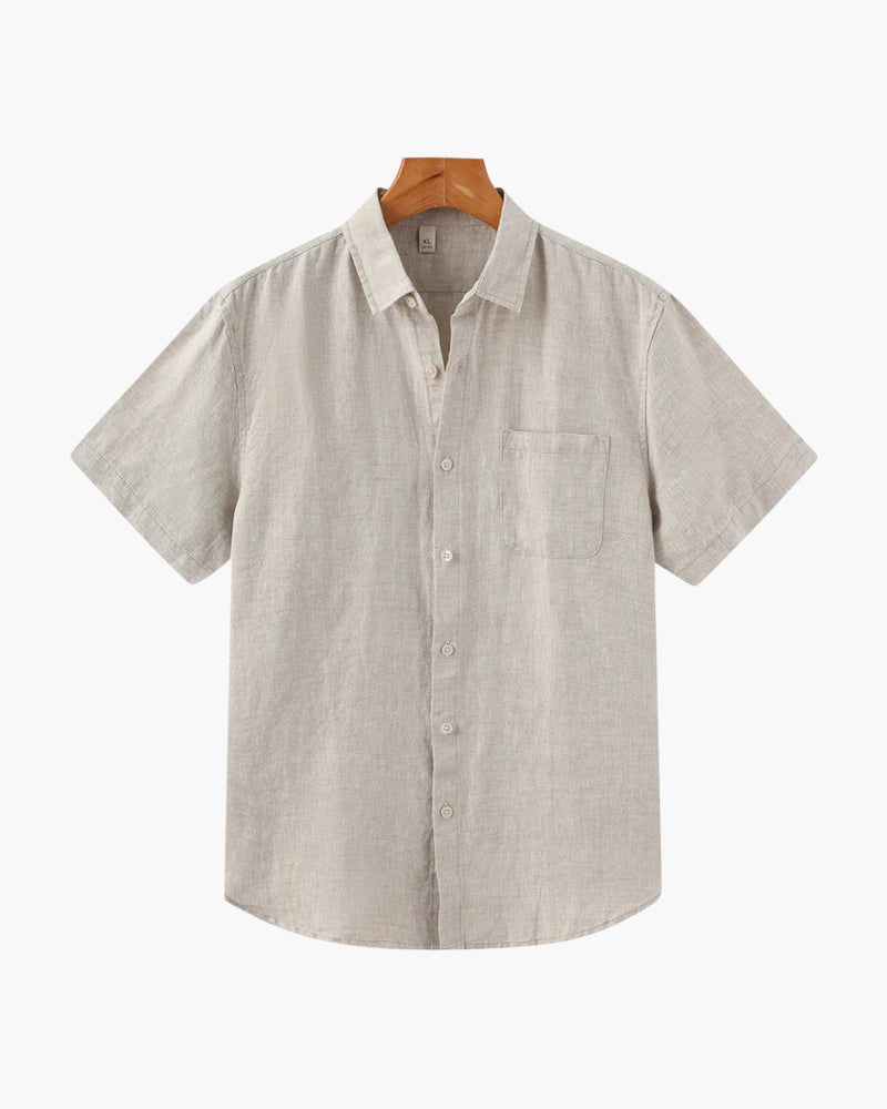 Men's Plain Short-Sleeved Shirt With Full Button Front - Beige