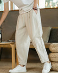 Men's Pleated Drawstring Trousers With Tapered Legs - Beige
