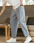 Men's Pleated Drawstring Trousers With Tapered Legs - Light Grey