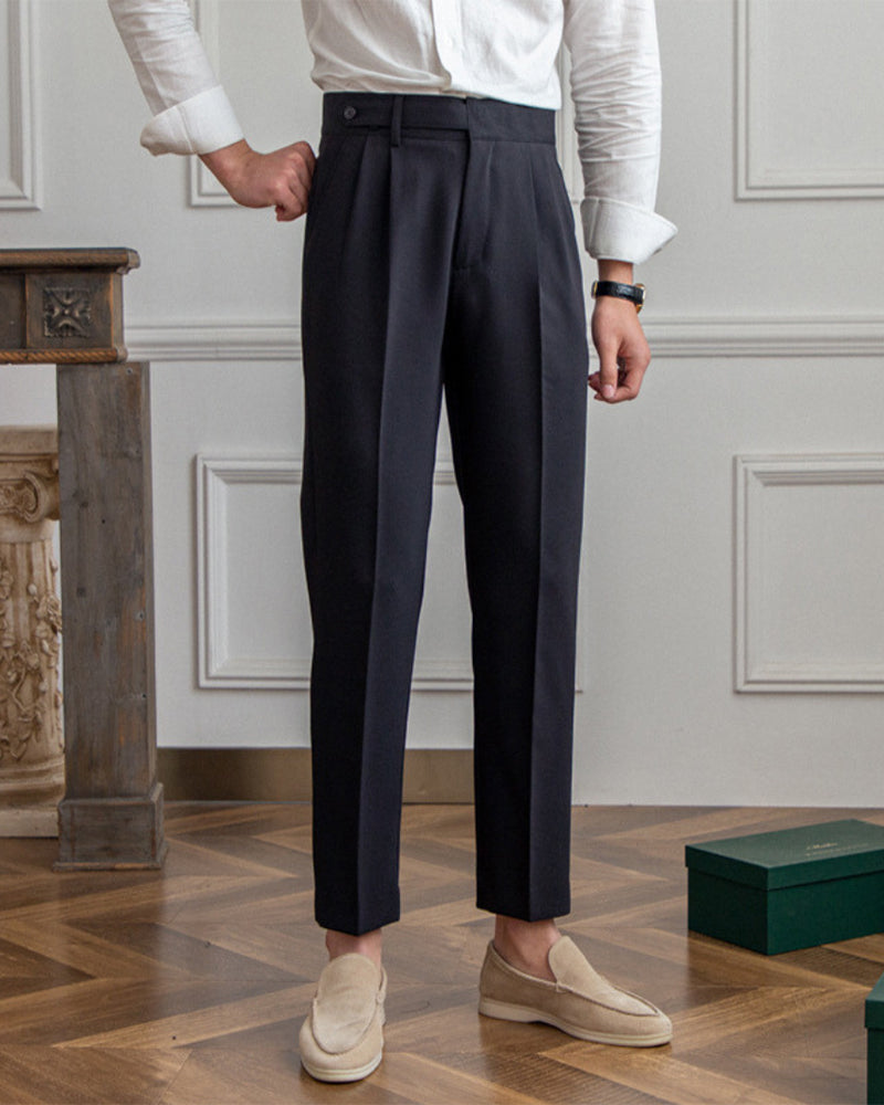 Men's Pleated Trousers With Extended Button Waistband - Black