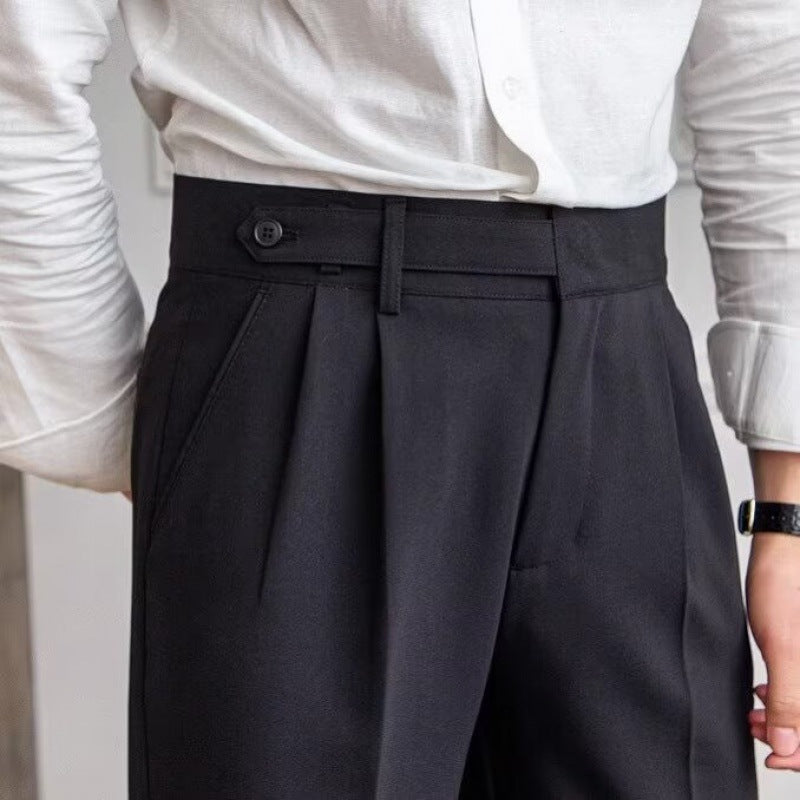 Men's Pleated Trousers With Extended Button Waistband - Black