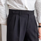 Men's Pleated Trousers With Extended Button Waistband - Black