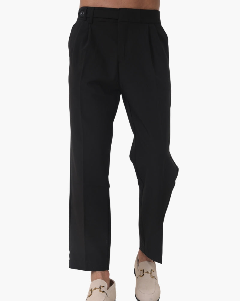Men's Pleated Trousers With Extended Button Waistband - Black