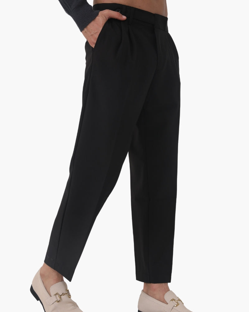 Men's Pleated Trousers With Extended Button Waistband - Black