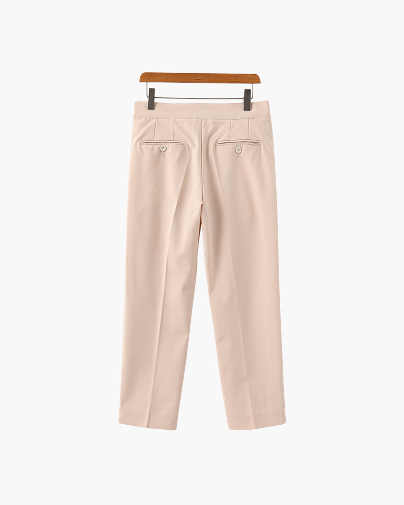 Men's Pleated Trousers With Extended Button Waistband - Beige