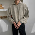 Men's Quarter-Zip Jumper With Ribbed Fold-Over Collar - Beige