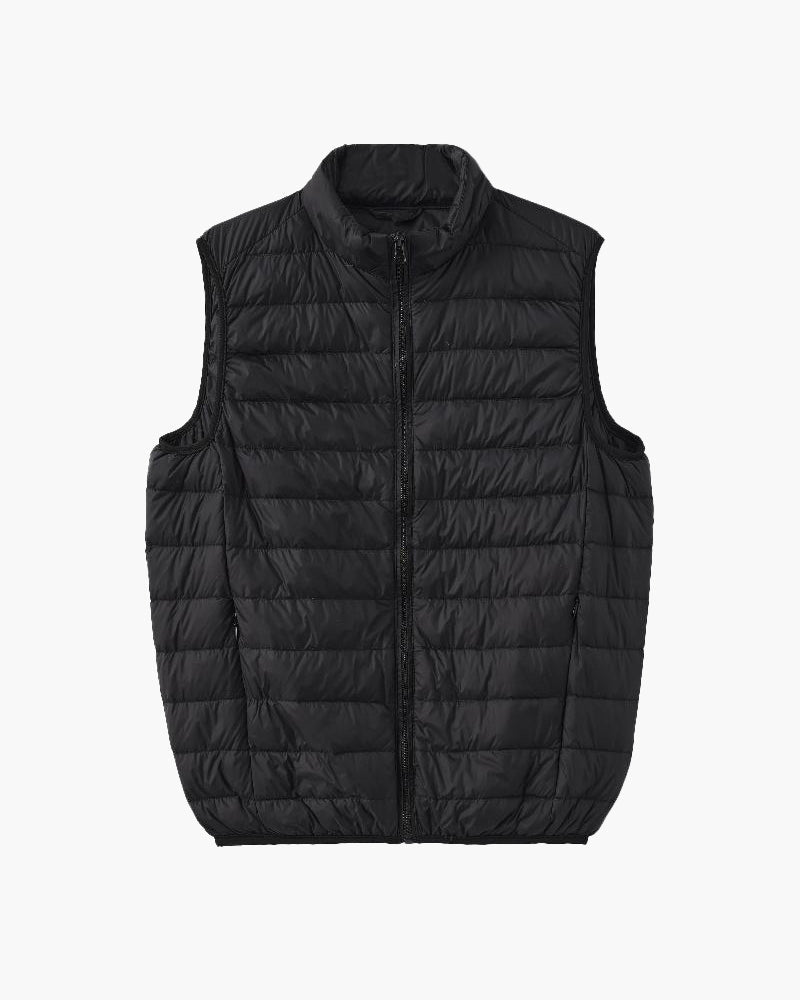 Men's Quilted Zip Gilet With Stand Collar And Pockets - Black