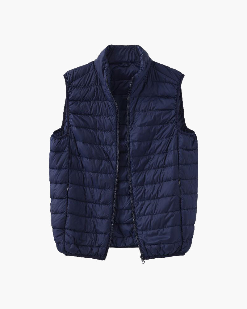 Men's Quilted Zip Gilet With Stand Collar And Pockets - Navy