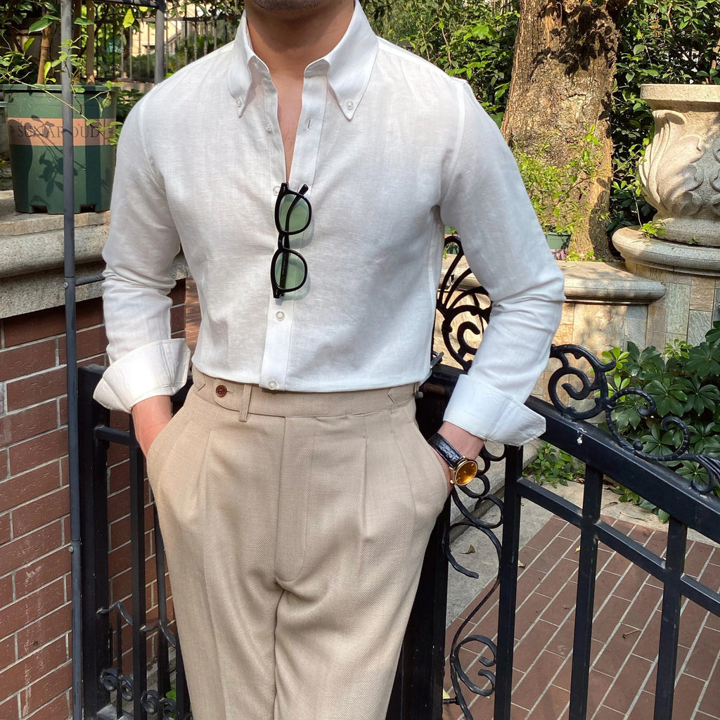 Men's Relaxed Button-Down Shirt With Curved Hem - White