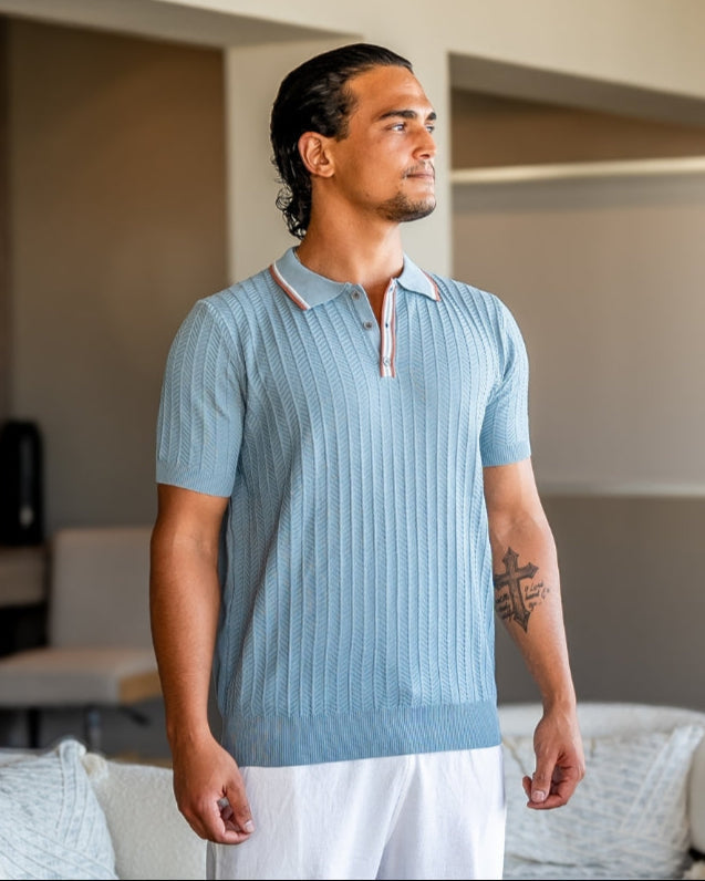 Men's Ribbed Button Polo With Contrast Collar Trim - Blue Grey