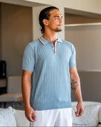 Men's Ribbed Button Polo With Contrast Collar Trim - Blue Grey